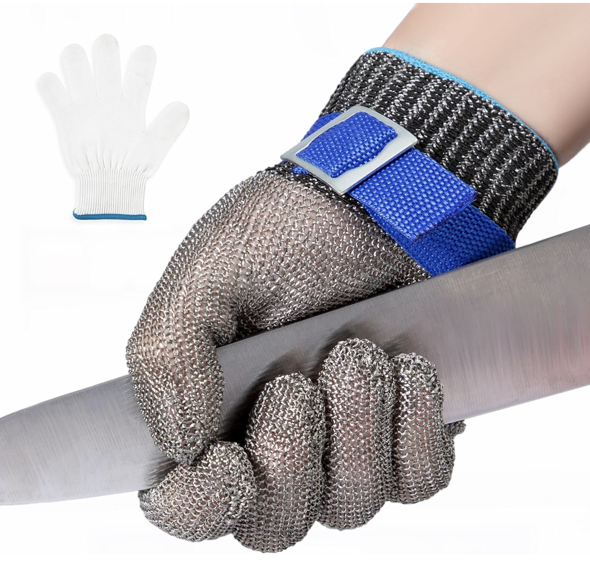 A stainless steel mesh safety glove with a blue adjustable wrist strap, gripping a butcher knife. Includes a white cotton liner glove for added comfort and protection.